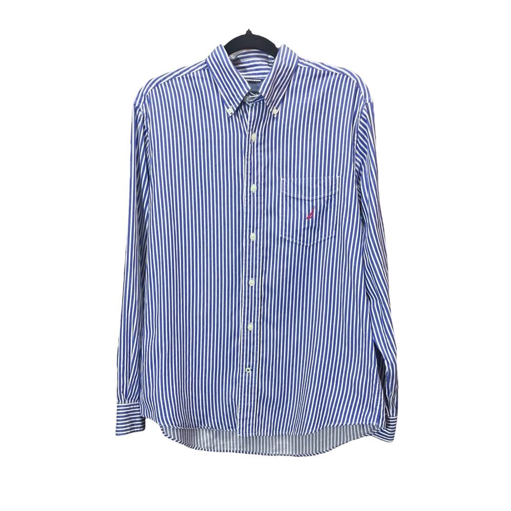 Nautica Men's Blue/ White Striped Long Sleeve Chest Pocket Button-Up Top SZ M